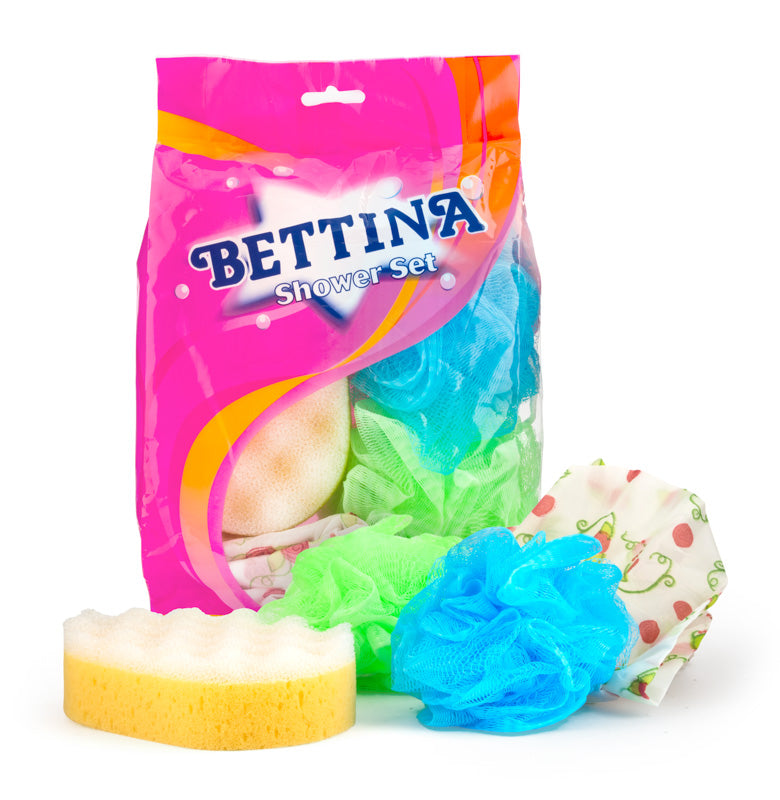 Bettina 4 Pc Shower Set-Sponge, Bath Balls, Shower Cap